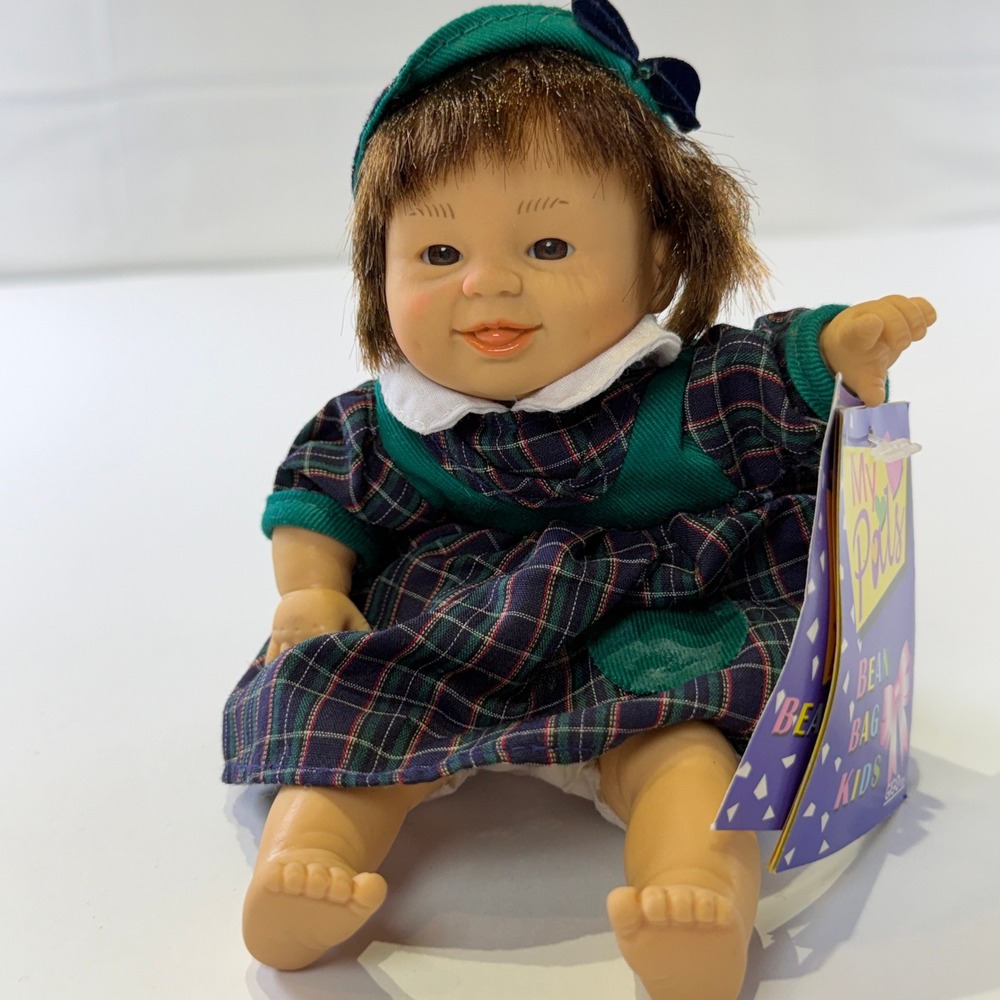 Vintage Gigo Toy My Pals Bean Bag Kids Doll Plaid Dress Bonnet NWT 307B9